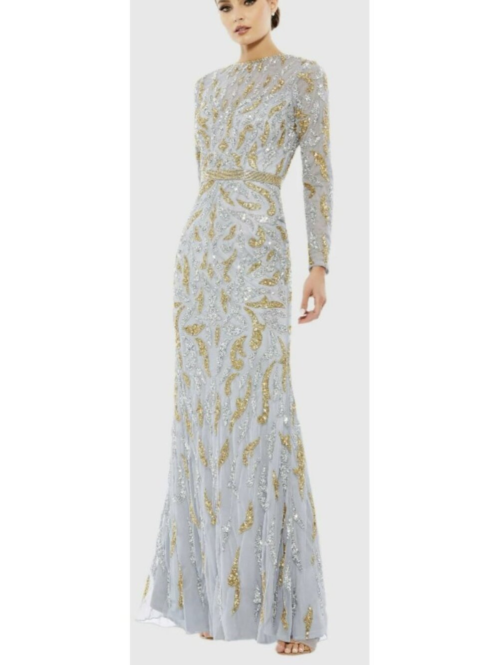 Mac Duggal $598 Formal Gown Gray Sequins Beaded Maxi Dress Long Sleeve Nwt Sz 16